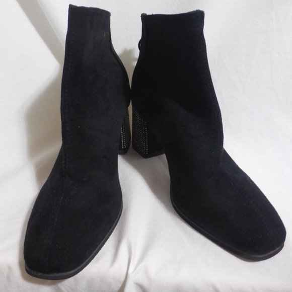 Black suede boots with rhinestones detail on the heel and on the zip pull charm - Picture 11 of 14